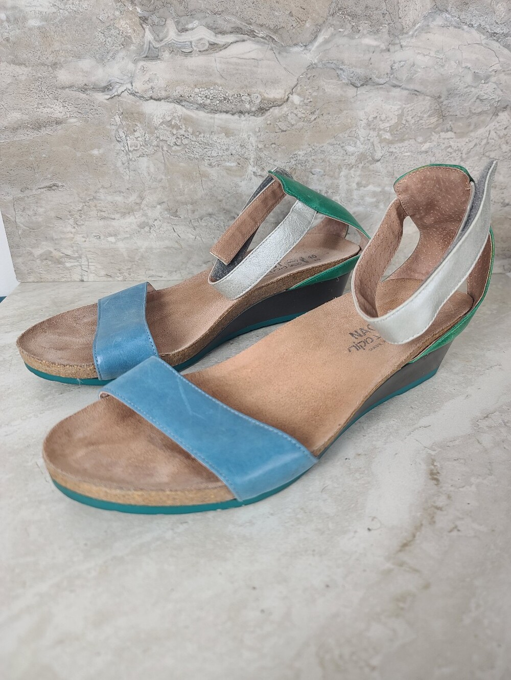 Naot PIXIE Blue Green Silver Pewter Colorblock Leather Wedge Sandals 9 - Picture 2 of 14